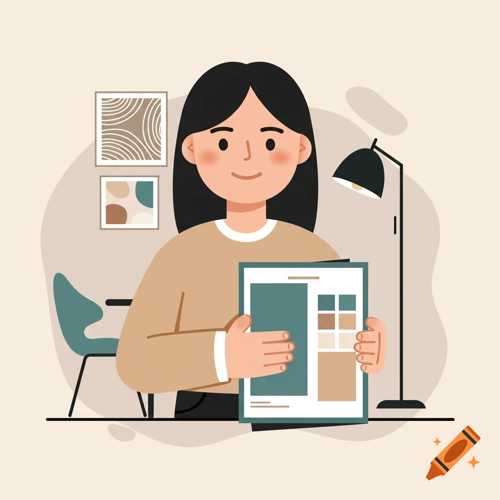 An illustration of a woman with black hair, wearing a beige top, holding design documents. A chair, lamp, and wall art are in the background.