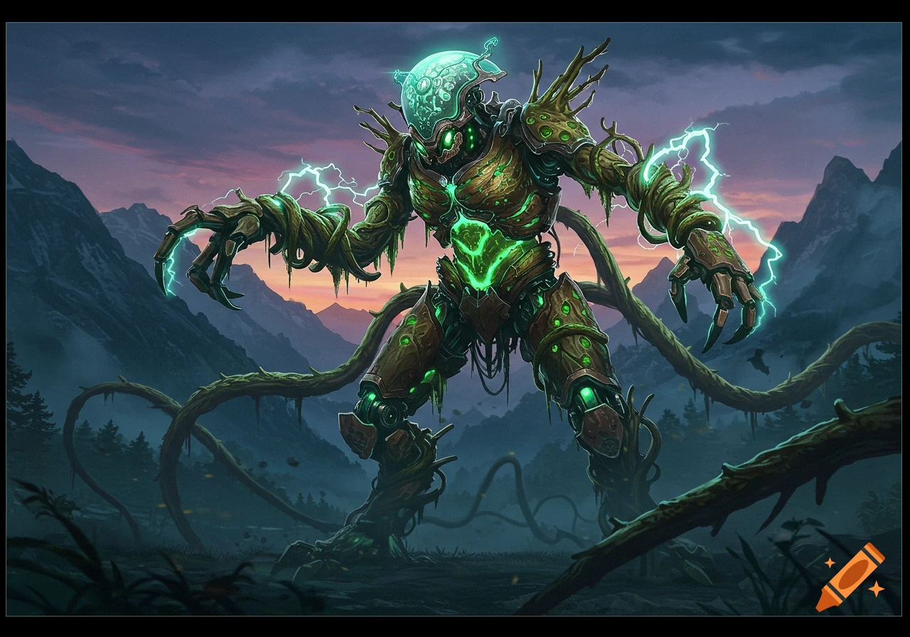 A colossal plant-mech monster with glowing green energy and lightning, standing in a misty mountain valley at dusk.