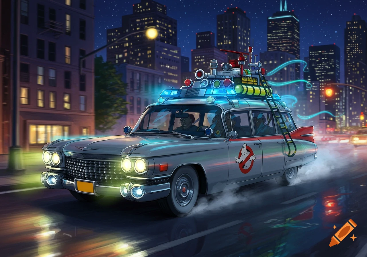 A stylized illustration of the Ghostbusters Ecto-1 car driving through a city street at night, illuminated by its bright lights.