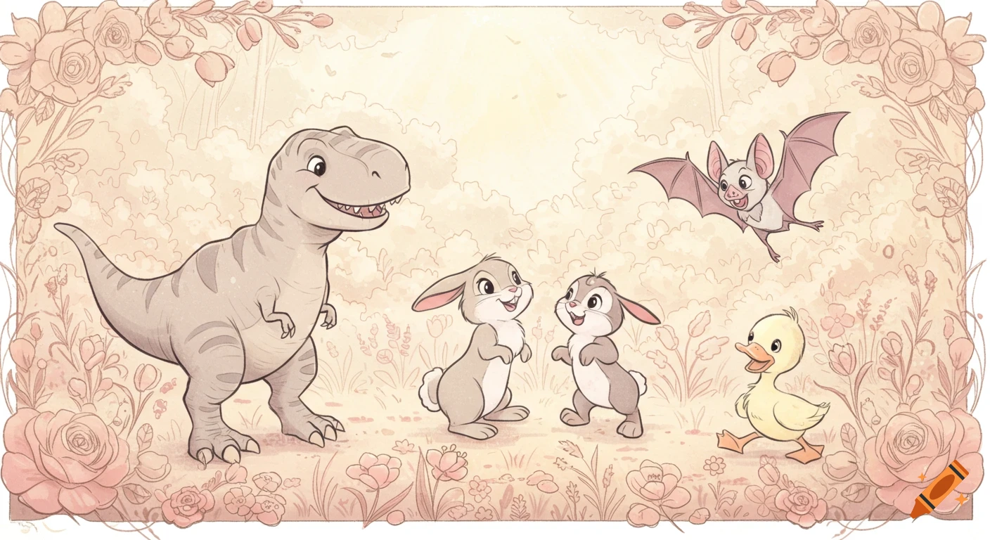 A whimsical children's storybook illustration of a friendly T-Rex, two bunnies, a bat, and a duckling among delicate pink roses and wildflowers.