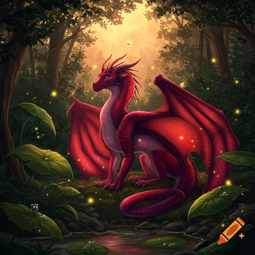 A vibrant red dragon sits in a lush, magical forest glowing with fireflies near a creek with frogs and lily pads.