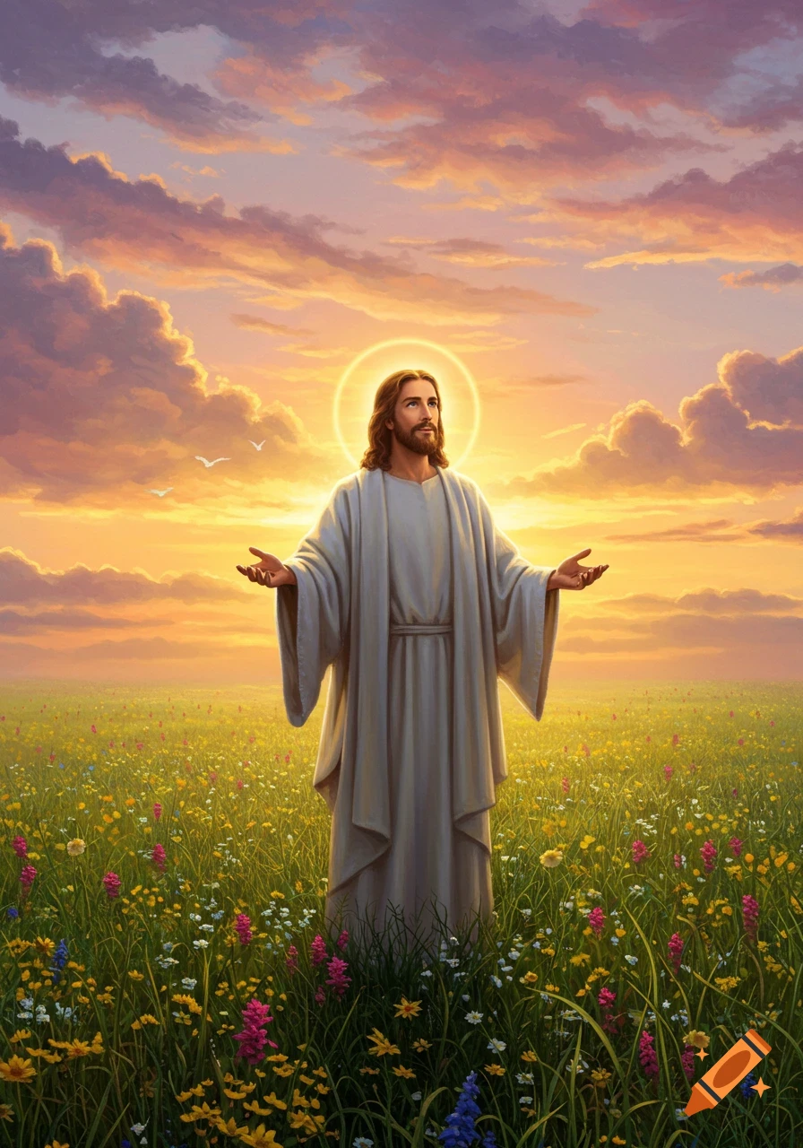 Jesus with a glowing halo stands in a field of wildflowers at sunset, arms outstretched, looking upwards.