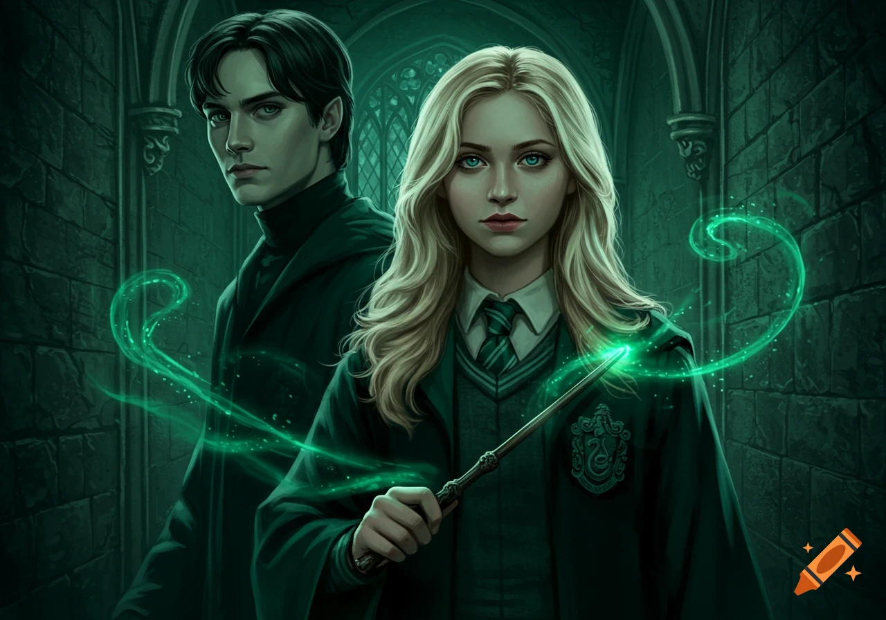 A blonde Slytherin girl casts a spell with a glowing wand, standing in a dark corridor with a dark-haired boy behind her.