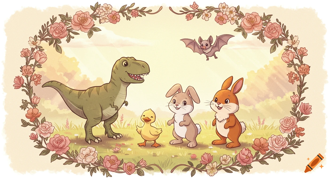A child-friendly cartoon shows a green T-Rex, a yellow duckling, two brown bunnies, and a bat in a sunny meadow framed by flowers.
