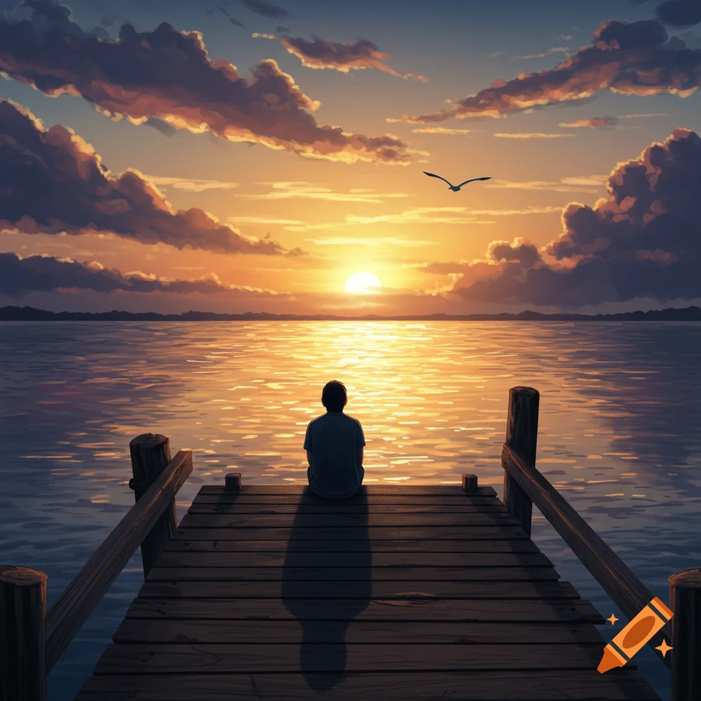 A person sits on a wooden dock looking out at a vibrant sunset over a calm body of water, with clouds and a bird in the sky, in a digital art style.
