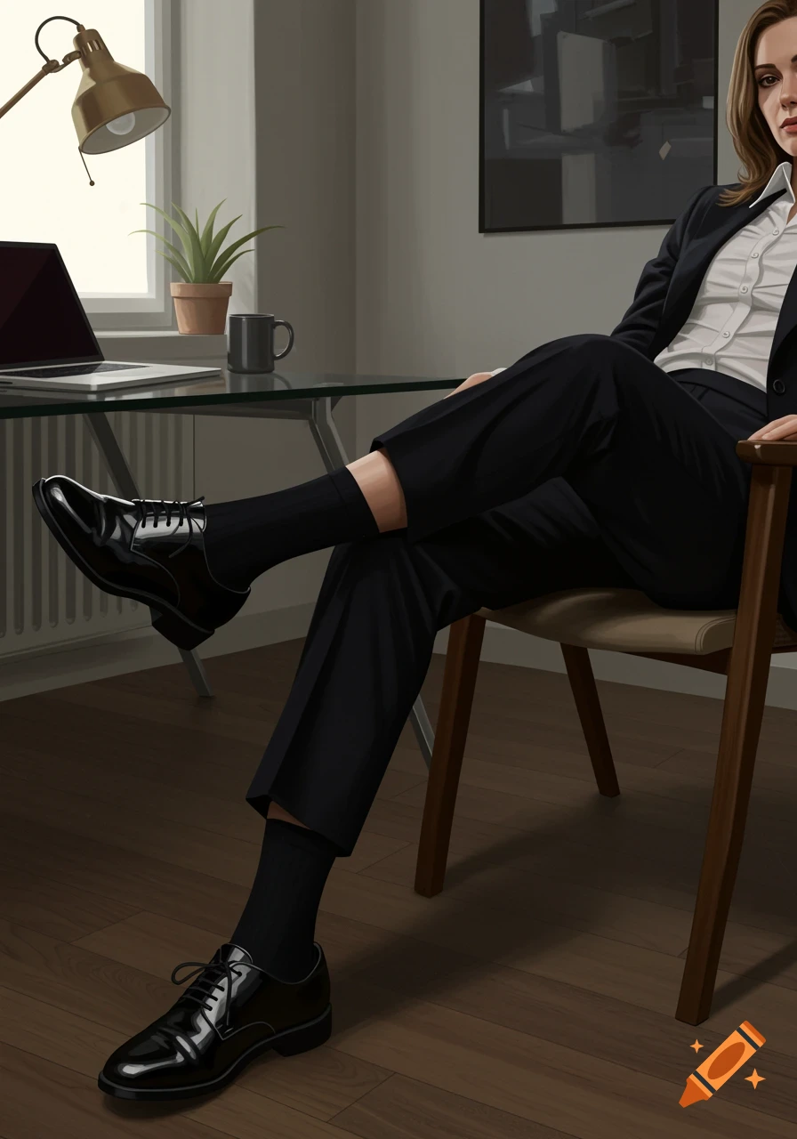 A realistically rendered illustration of a businesswoman in a black suit, black socks, and shiny black shoes, sitting with crossed legs at an office desk.