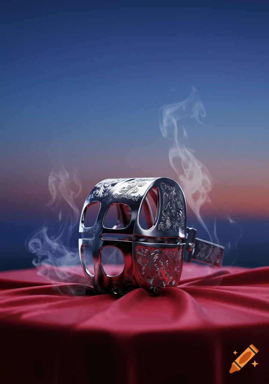 A shiny, ornate silver metal incense burner with smoke rising, sitting on a draped red fabric, against a gradient blue and orange background.