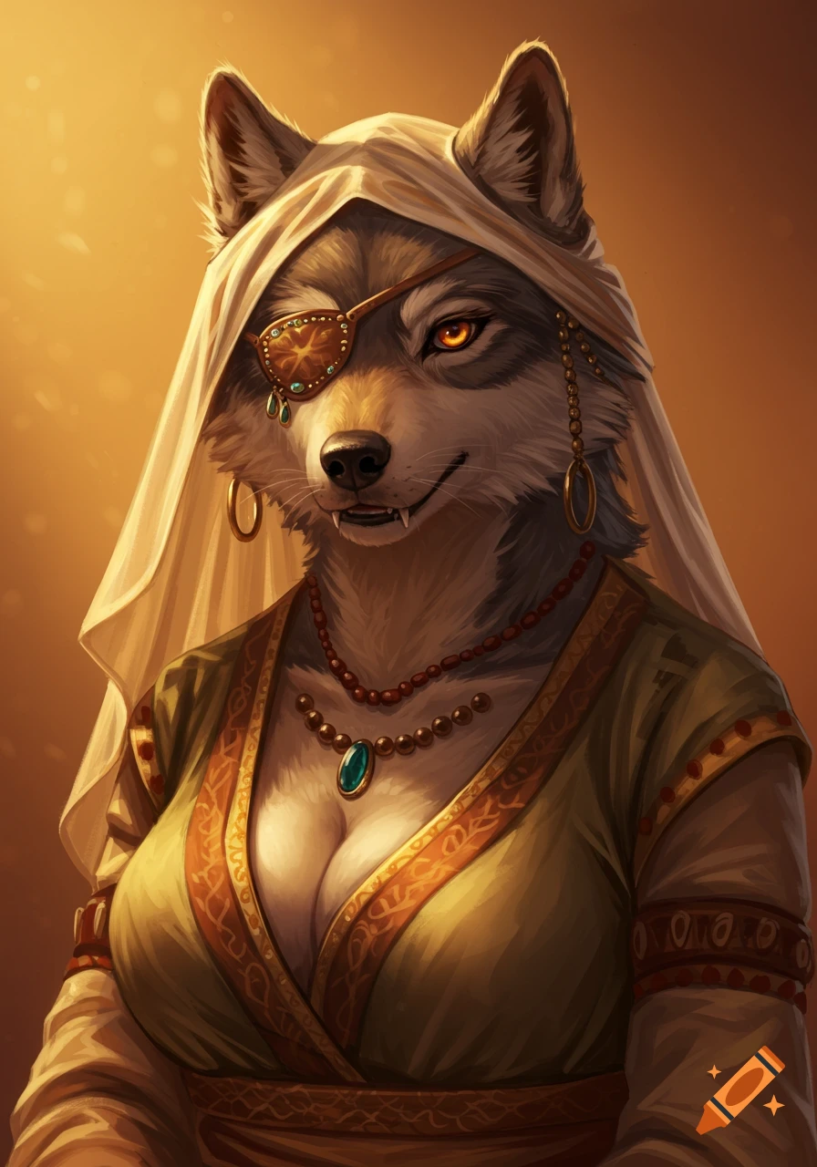 A stylized portrait of an anthropomorphic wolf lady wearing a white veil, a jeweled eyepatch, and a yellow Moroccan-style dress.