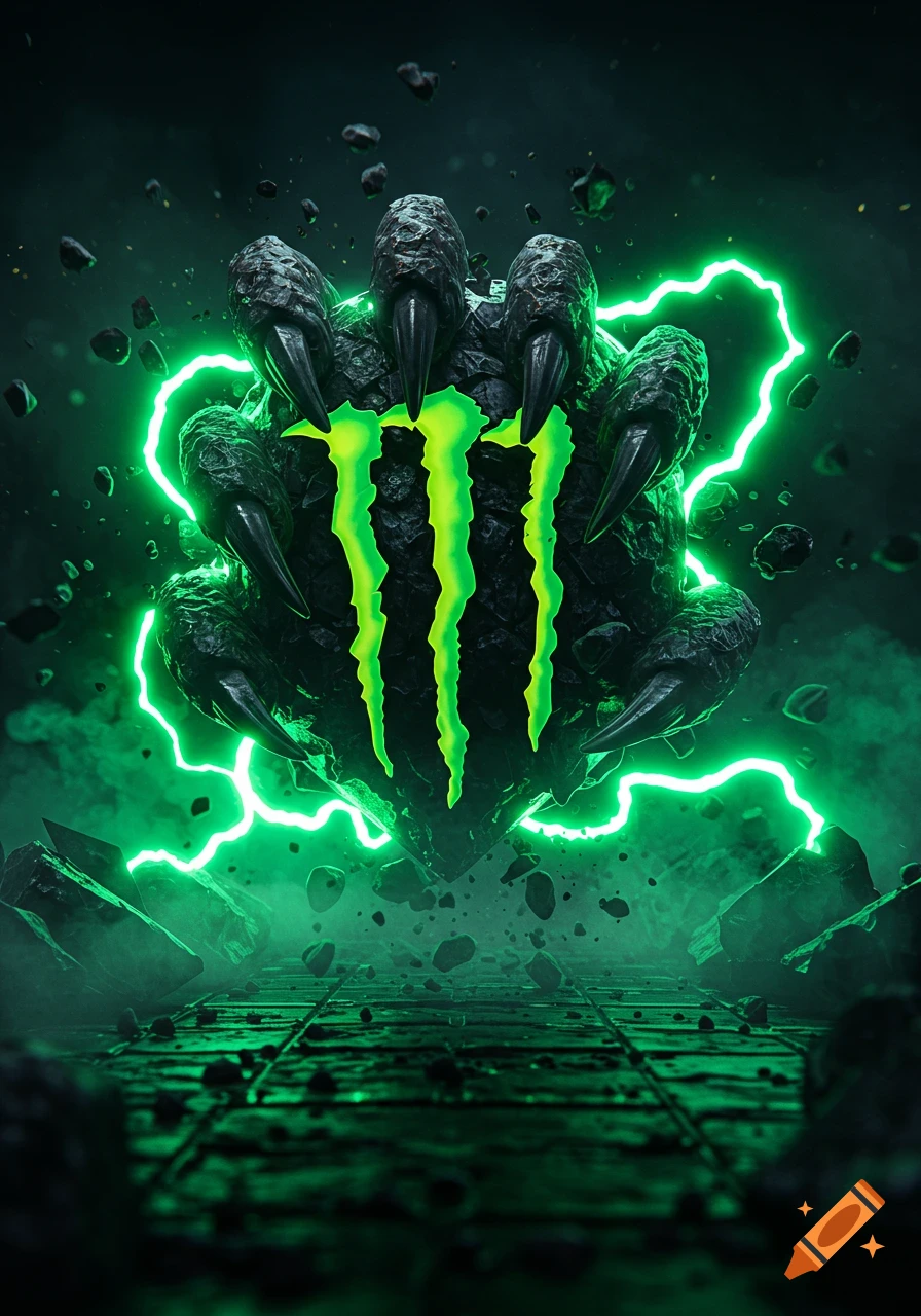 A monstrous, rocky clawed hand with a glowing green Monster Energy logo surrounded by green lightning and debris, emerging from a shattered ground.