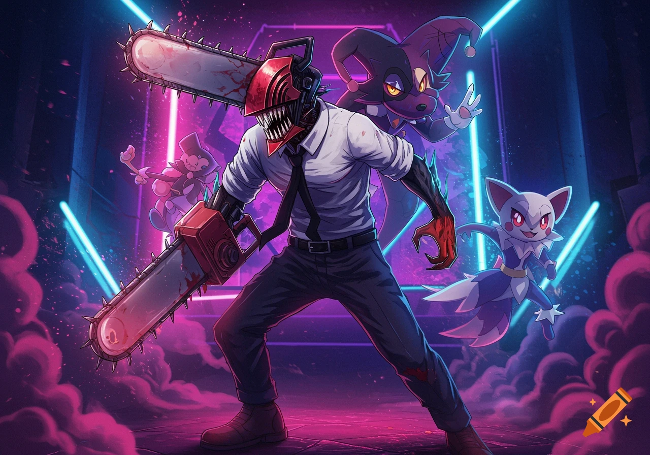 An anime character resembling Chainsaw Man, holding a large chainsaw, stands powerfully alongside two cartoonish animal characters in a vibrant, neon-lit, smoky environment.