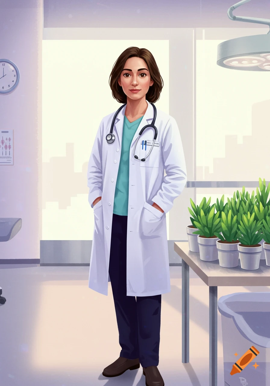 An illustrated female doctor in a white lab coat and stethoscope stands in a bright medical room with potted plants.
