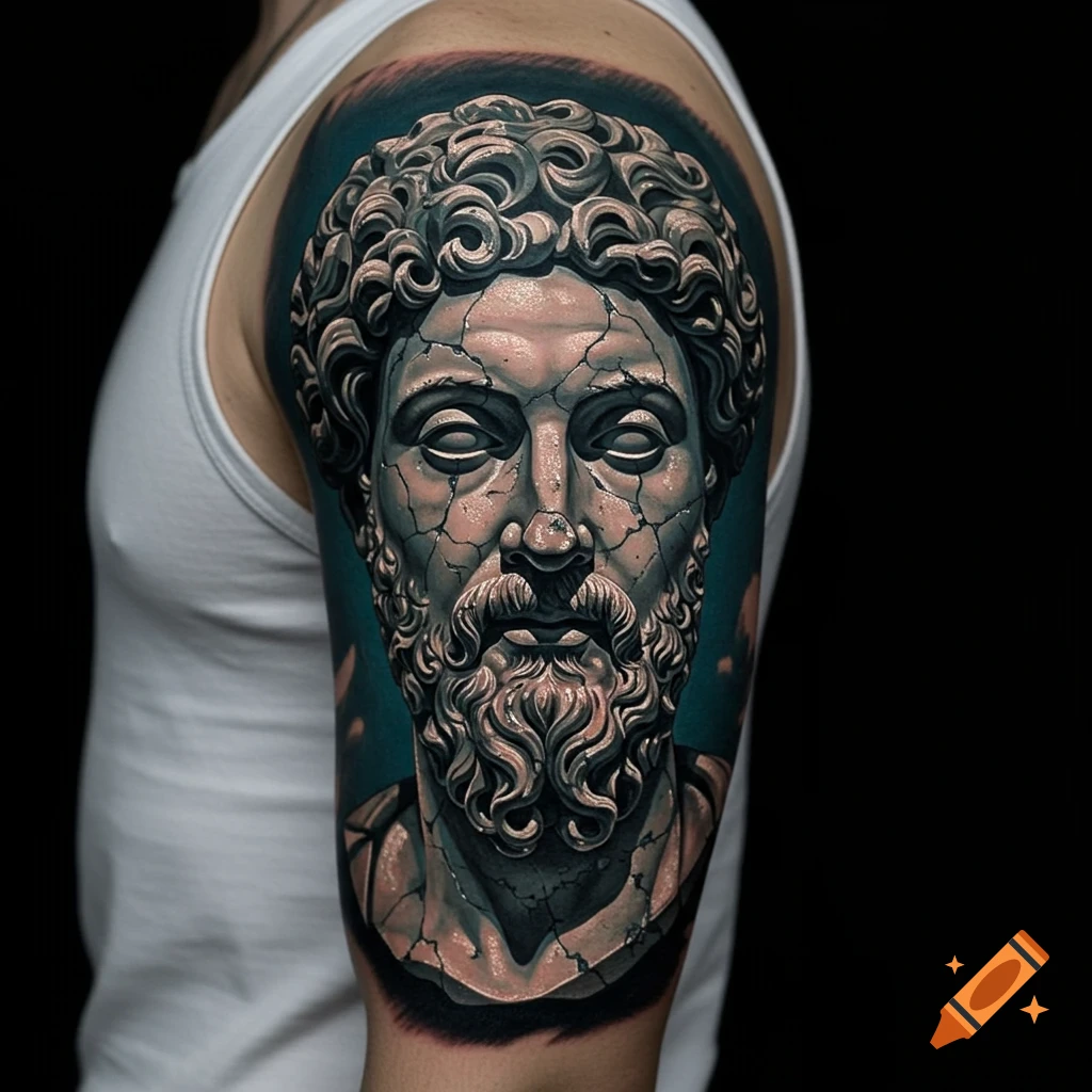 A realistic tattoo on a person's arm, depicting the cracked stone bust of Marcus Aurelius with a dark background.
