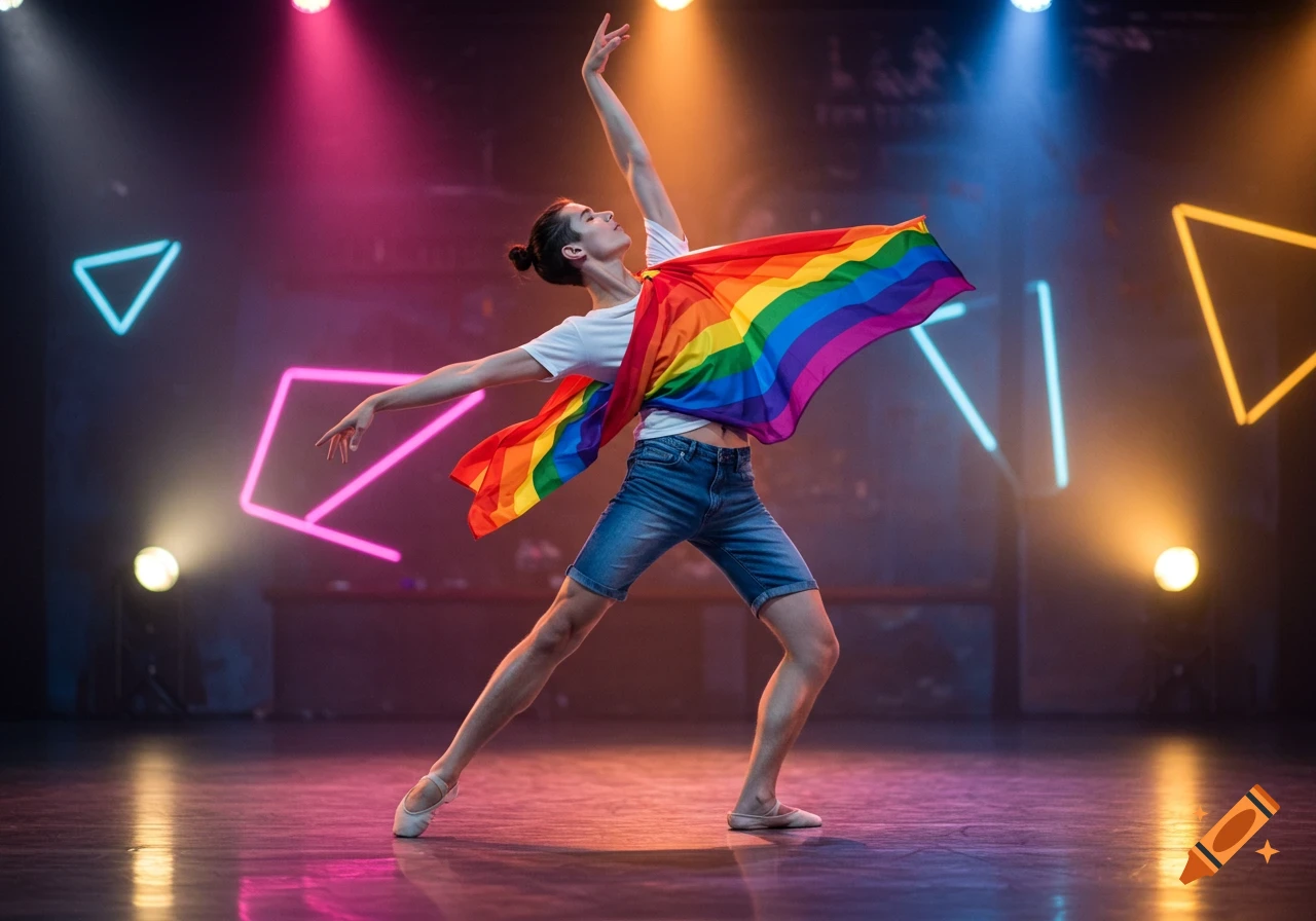 A person with a hair bun, wearing a white t-shirt and denim shorts, dancing ballet on stage with a rainbow flag, under colorful spotlights.