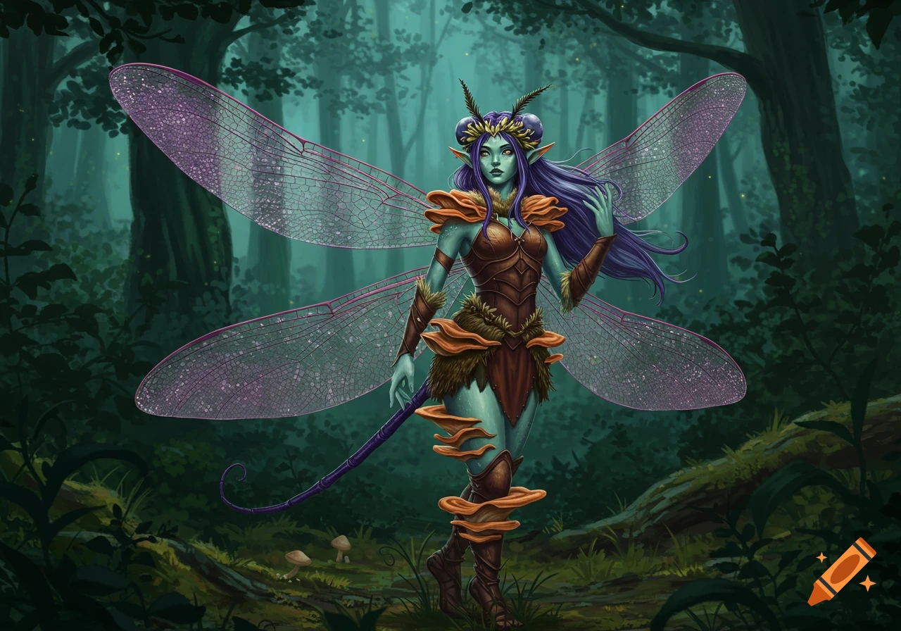 A fantasy faerie woman with green-blue skin, purple hair, large dragonfly wings, and mushroom armor stands in a forest.