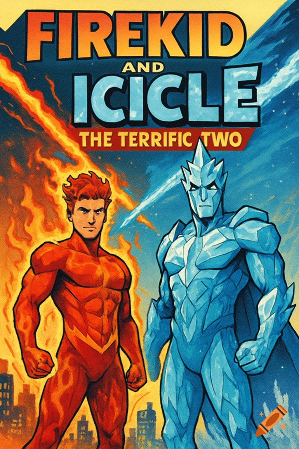 Comic book cover featuring a fiery red superhero and an icy blue superhero, with the title 'FIREKID AND ICICLE THE TERRIFIC TWO'.