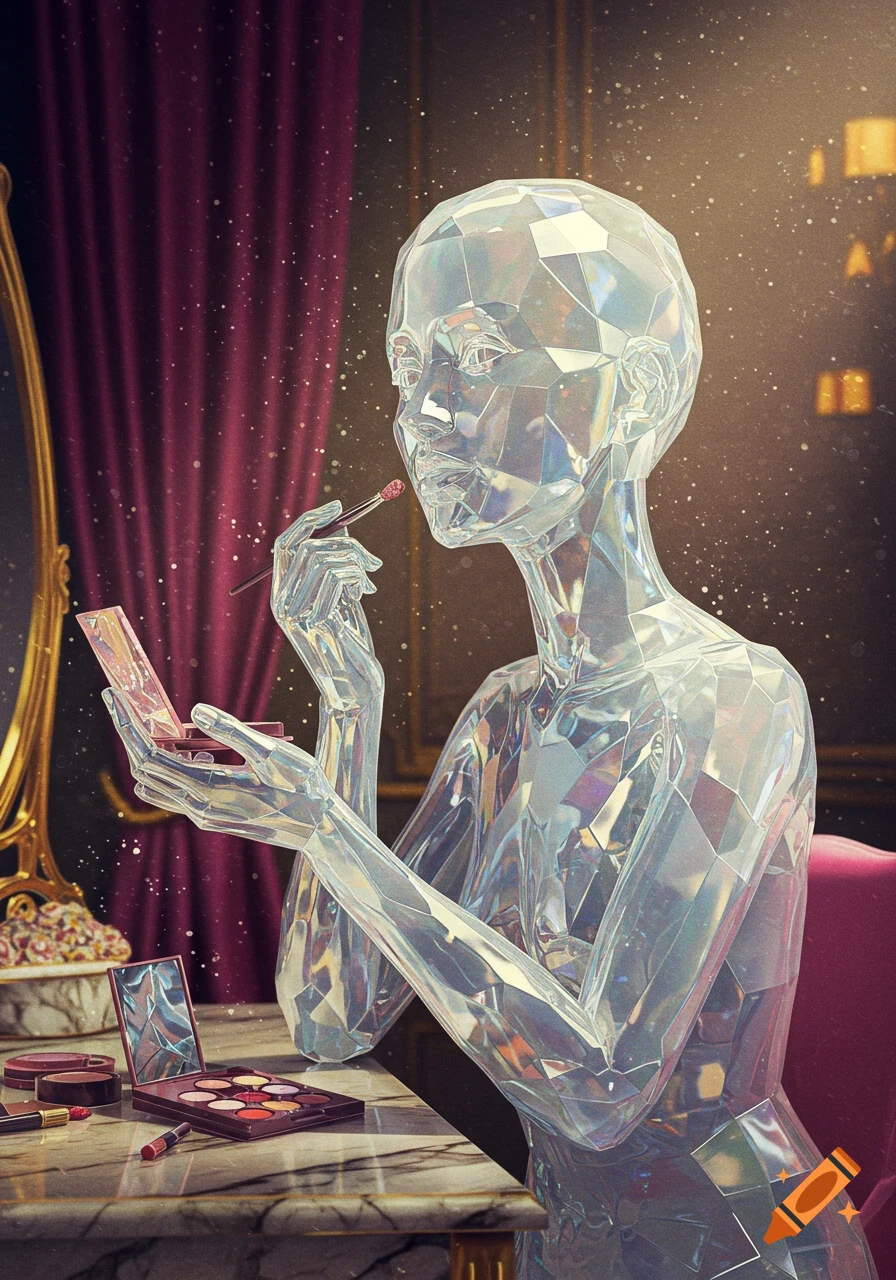 A faceted glass woman applies makeup at a vanity table with a mirror, under sparkling light.