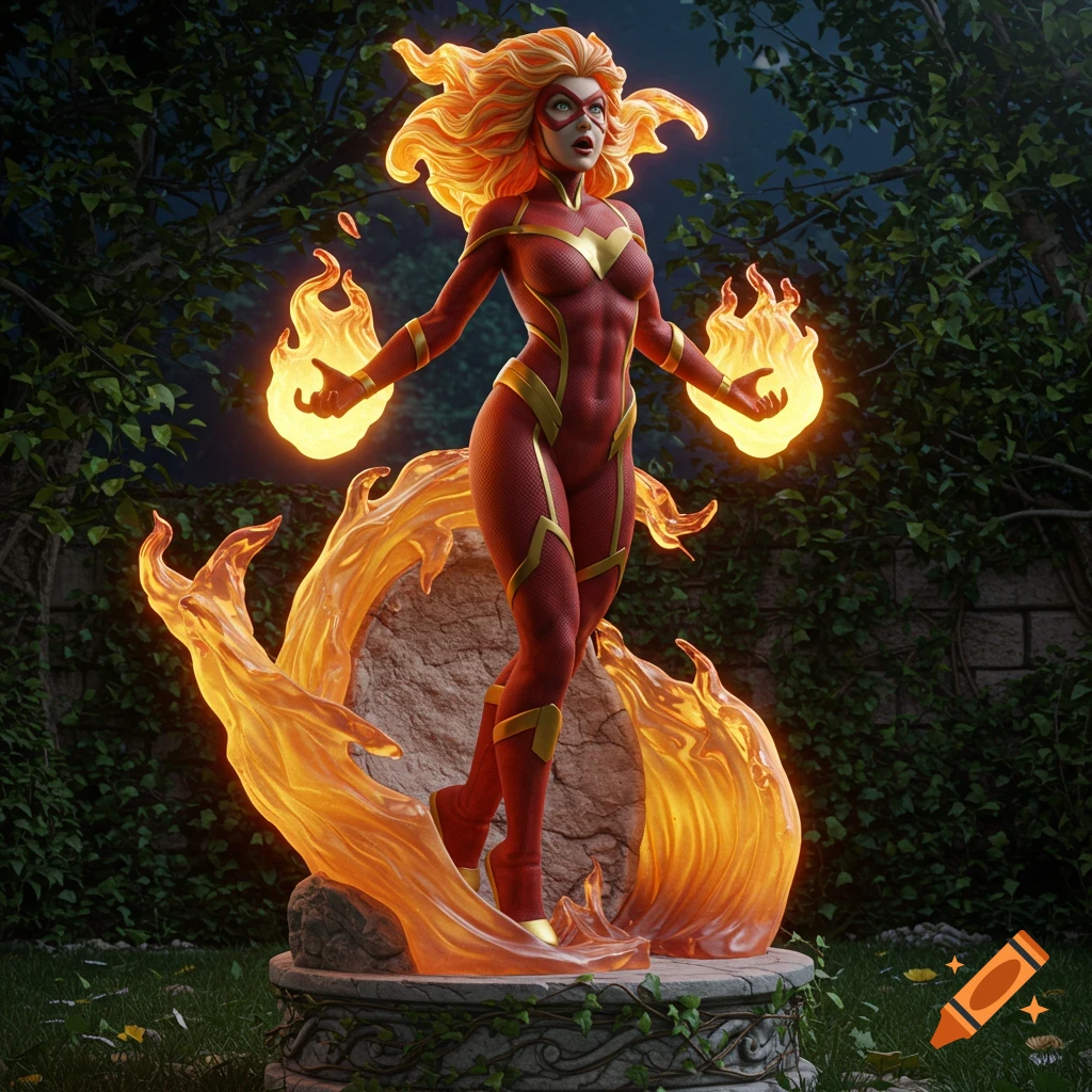 A female superhero with fiery orange hair in a red and gold suit stands on a stone pedestal, engulfed in glowing flames, in a dark garden at night.