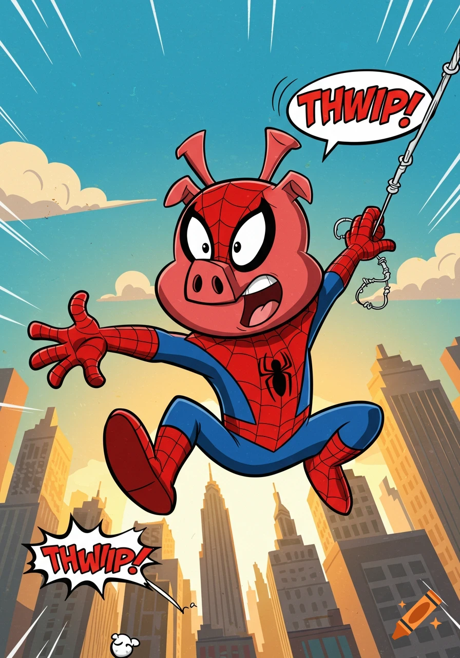 Cartoon Spider-Ham swings through a city, with THWIP! sound effects in comic speech bubbles.