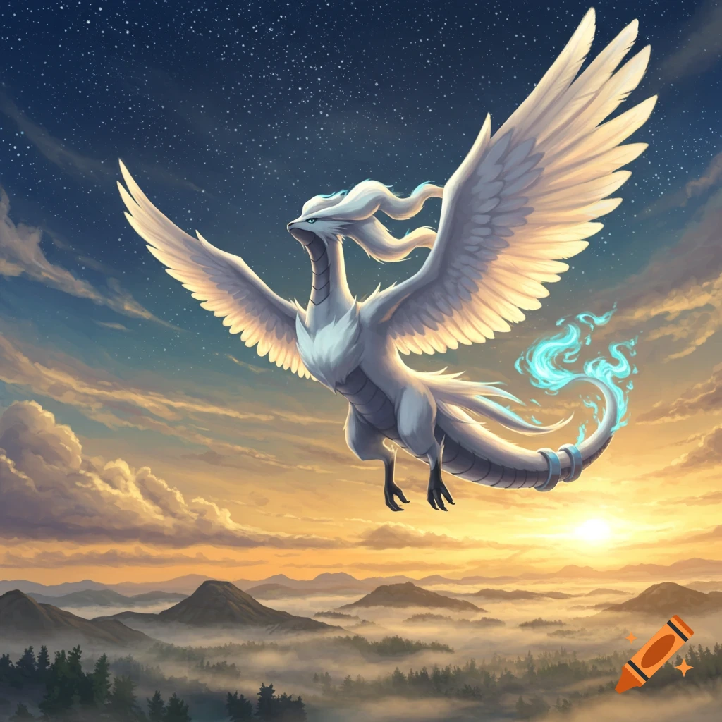 Reshiram, a white winged dragon, flies through a starry and cloudy sky at sunset over misty mountains.