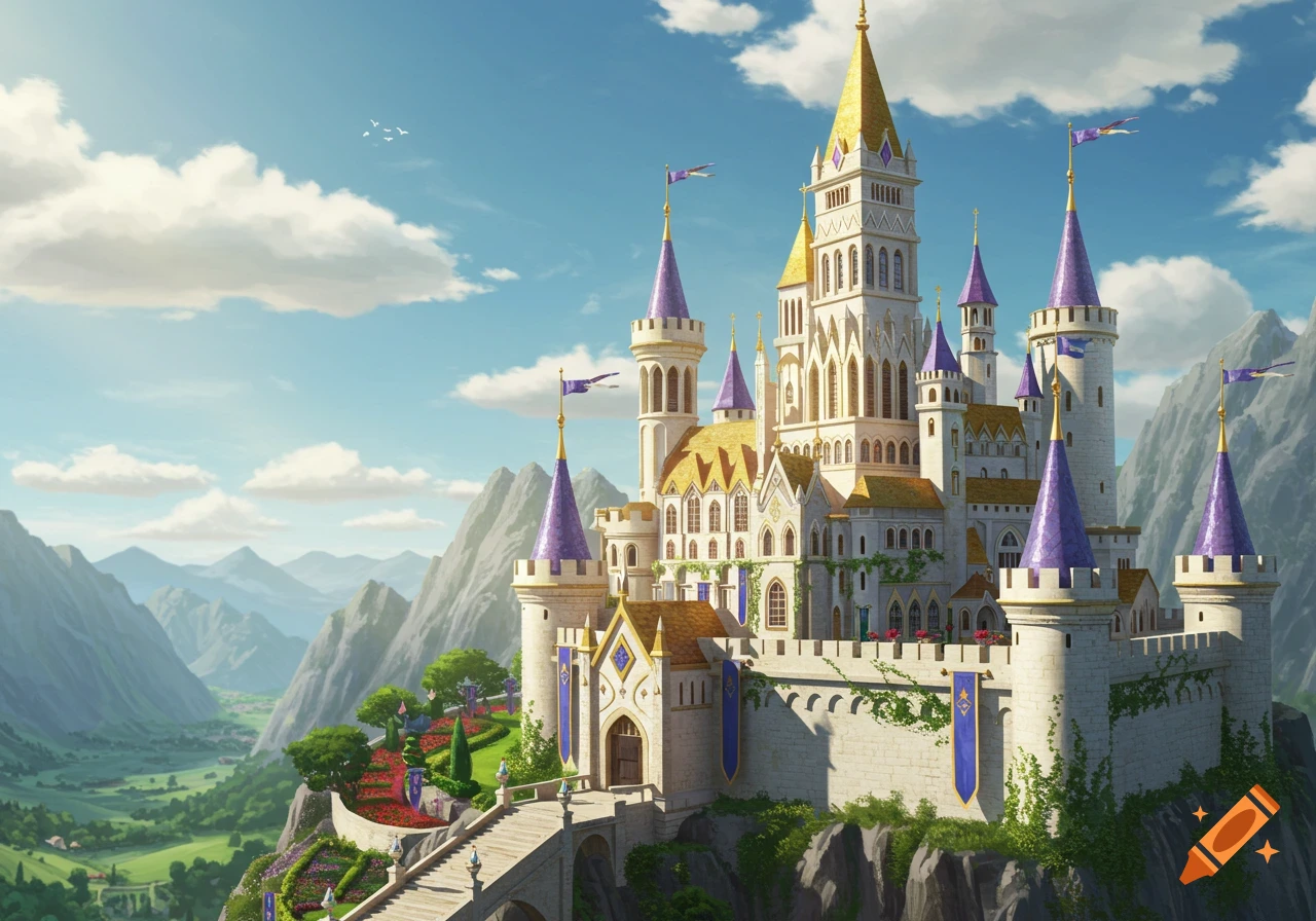 A majestic white and gold fantasy castle with purple turrets on a mountain cliff overlooking a green valley under a blue sky.