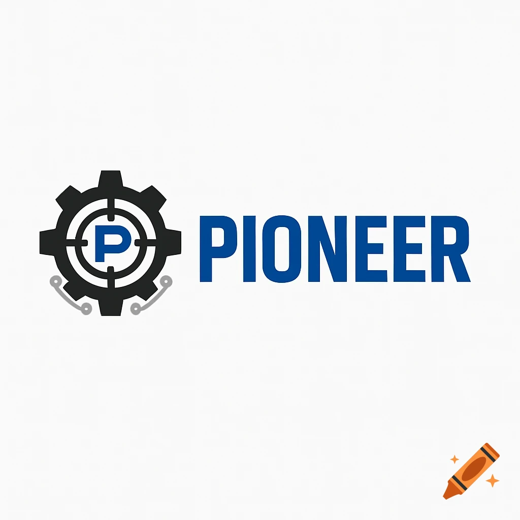 A logo with a black gear containing a blue 'P' and crosshairs, with the word 'PIONEER' in bold blue text.
