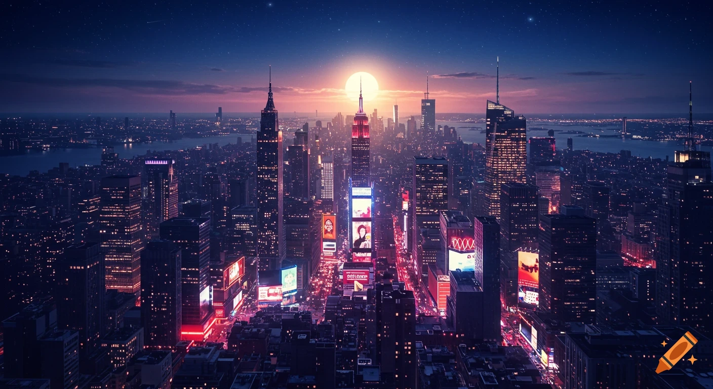 A vibrant night view of the New York City skyline with towering skyscrapers, neon lights, and a large bright sun or moon on the horizon.