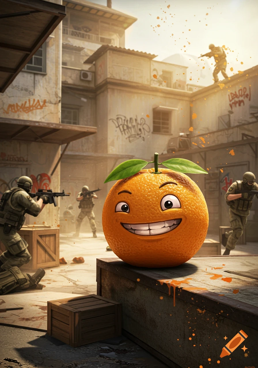 An Annoying Orange character with a wide grin sits on a crate in a sunny, graffiti-covered urban combat zone, surrounded by soldiers aiming rifles.