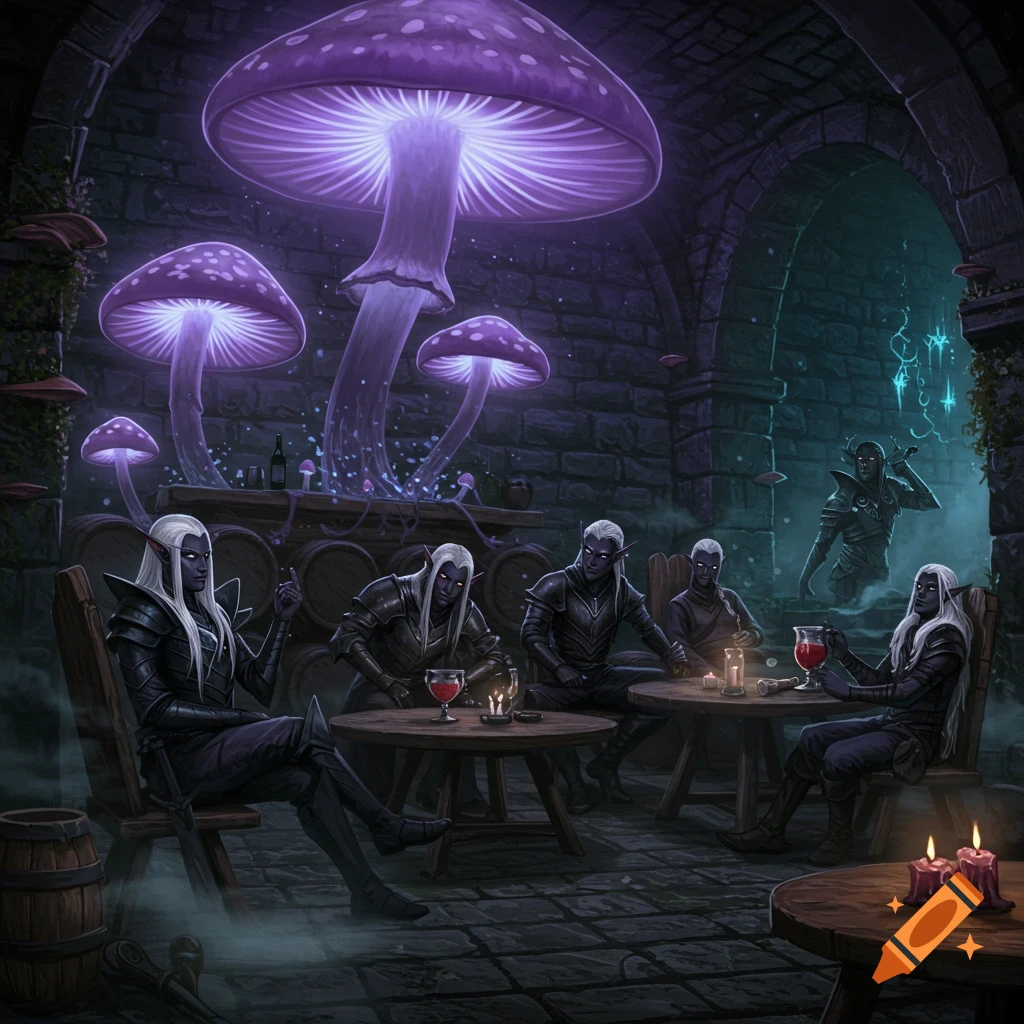 Dark elves socialize and drink in a dimly lit stone bar, illuminated by large glowing purple mushrooms.