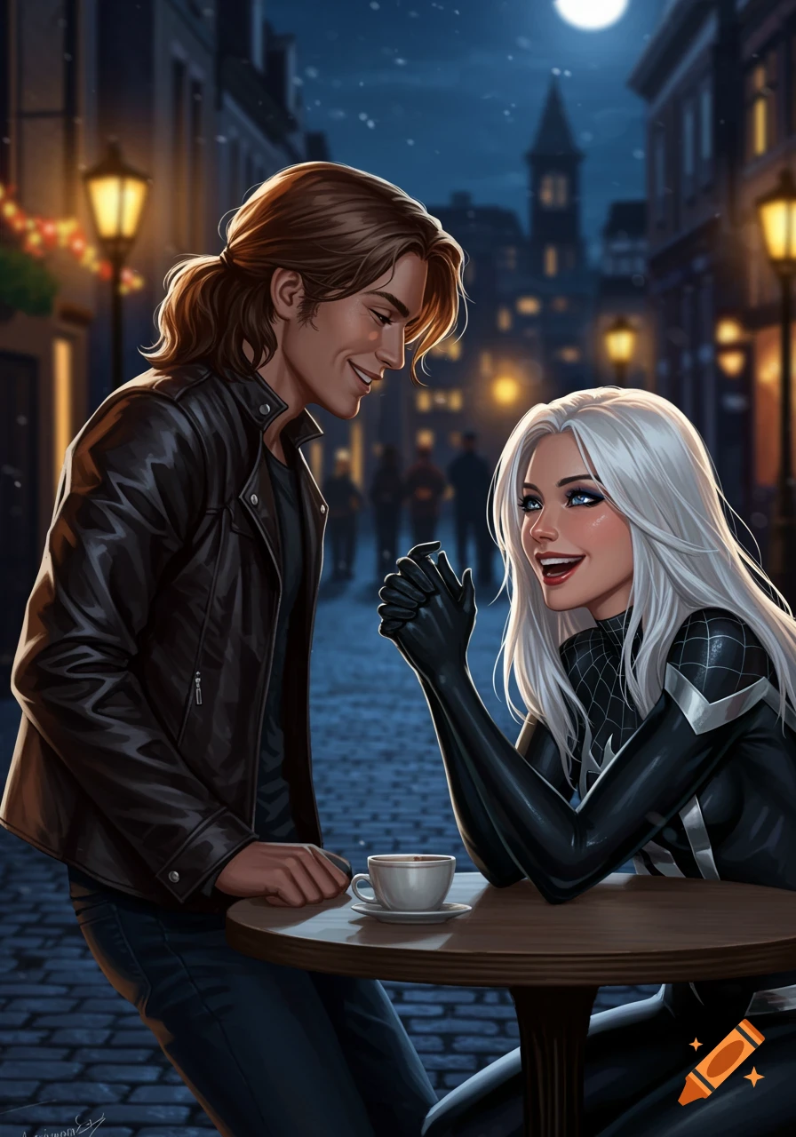 A man with long brown hair looks lovingly at a white-haired woman in a black superhero suit as they sit at an outdoor cafe at night.