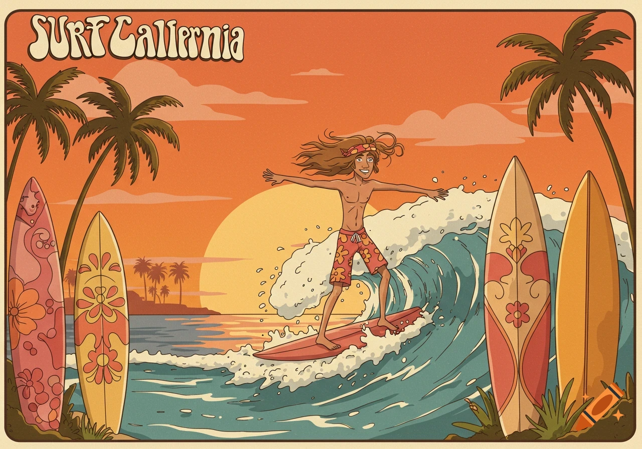 A cartoon poster in 1970s retro style shows a surfer on a wave with palm trees and surfboards at sunset.