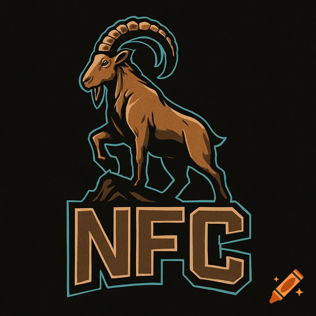 A stylized logo of a brown mountain goat standing on the letters "NFC" with blue outlines, against a black background.