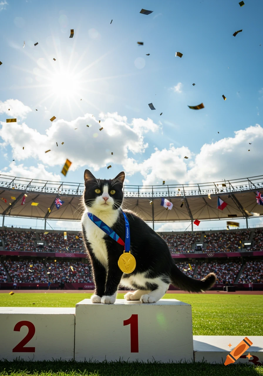 A black and white tuxedo cat stands on a gold medal podium in an Olympic stadium, wearing a gold medal as confetti falls.