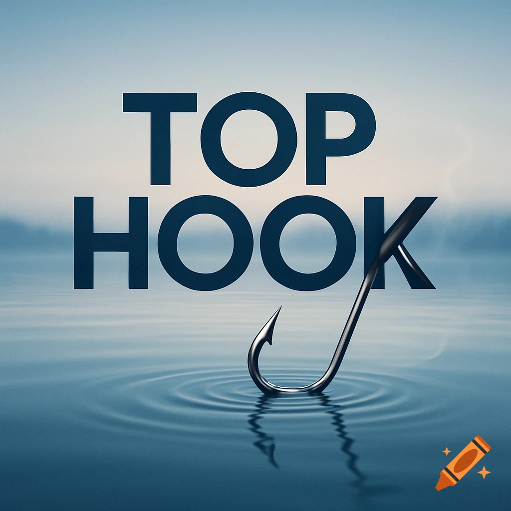 A graphic with the words "TOP HOOK" above a fishing hook in water, pulling on the letter K.