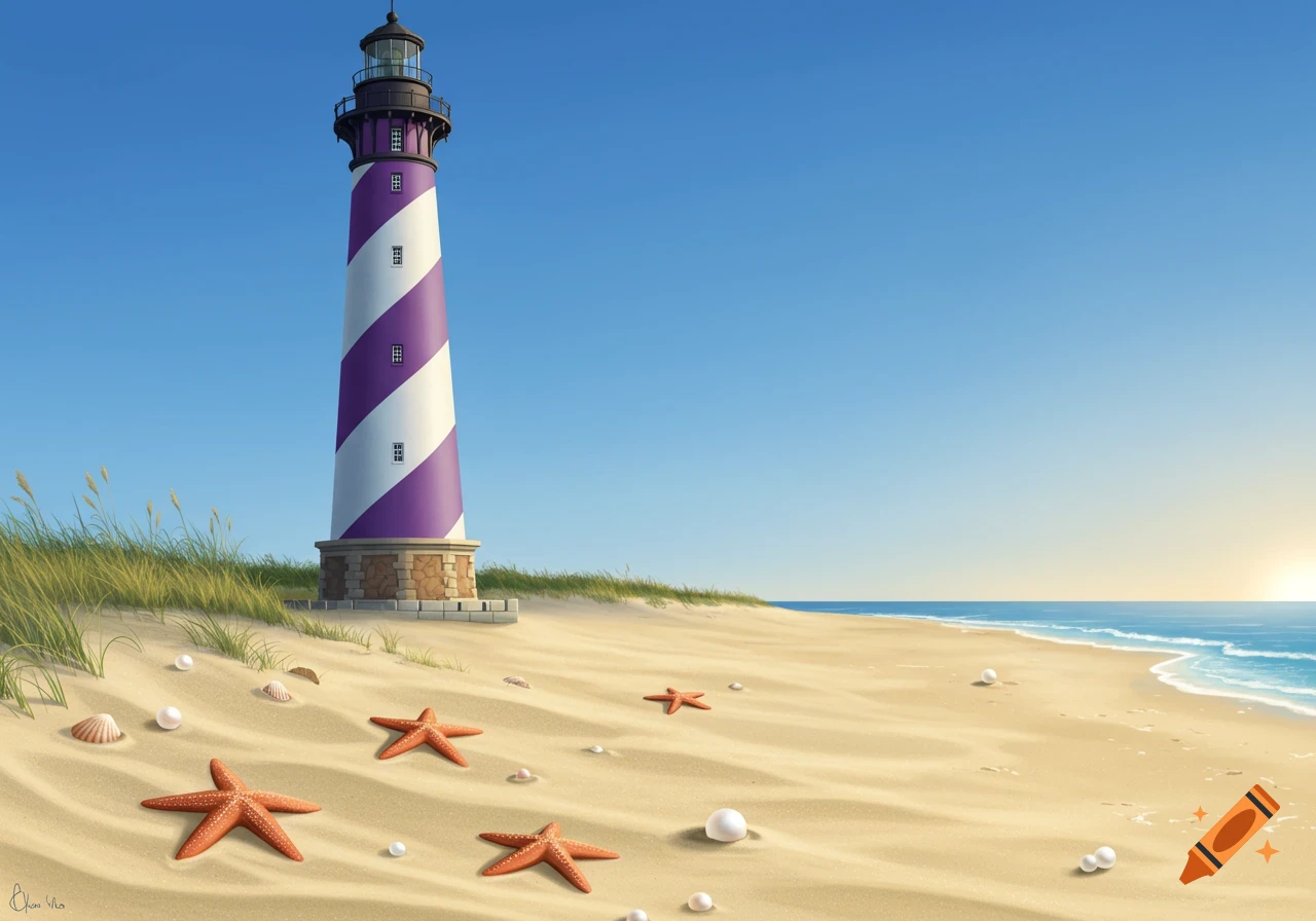 A purple and white striped lighthouse stands on a sandy beach with starfish, shells, and pearls near the ocean under a clear blue sky.