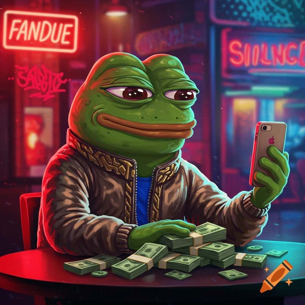 A stylized Pepe the Frog in a jacket sits at a table with stacks of money, holding a phone, under neon signs in a club.