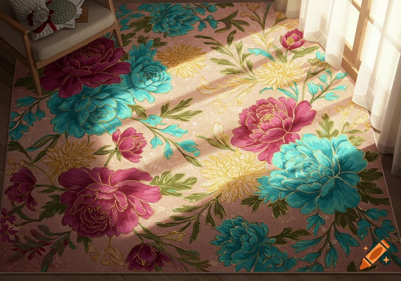 A brightly colored floral rug with pink, blue, and yellow flowers on a light background, partially lit by sunlight from a window, with a chair in the corner.
