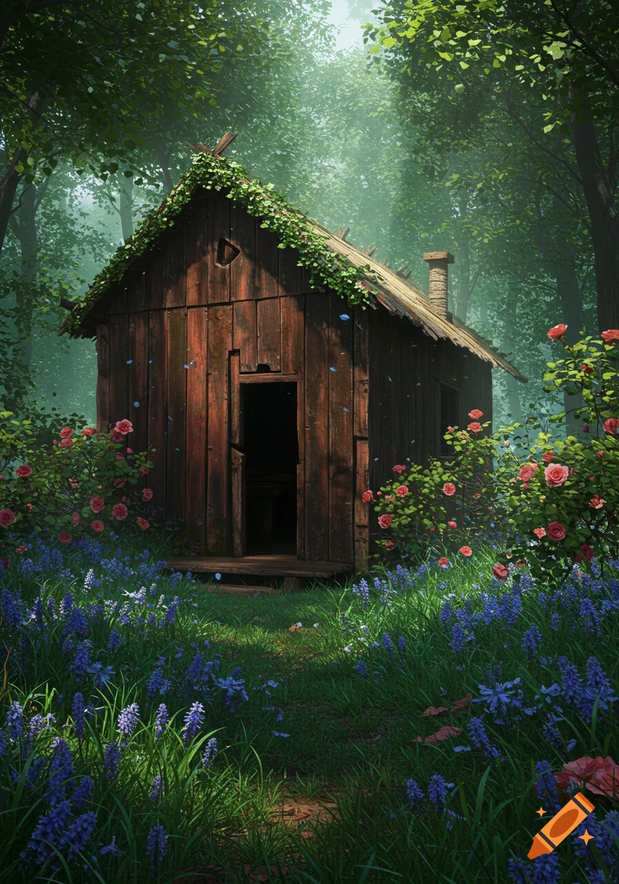 A rustic wooden hut in a lush forest clearing, surrounded by vibrant blue wildflowers and pink roses under dappled sunlight.