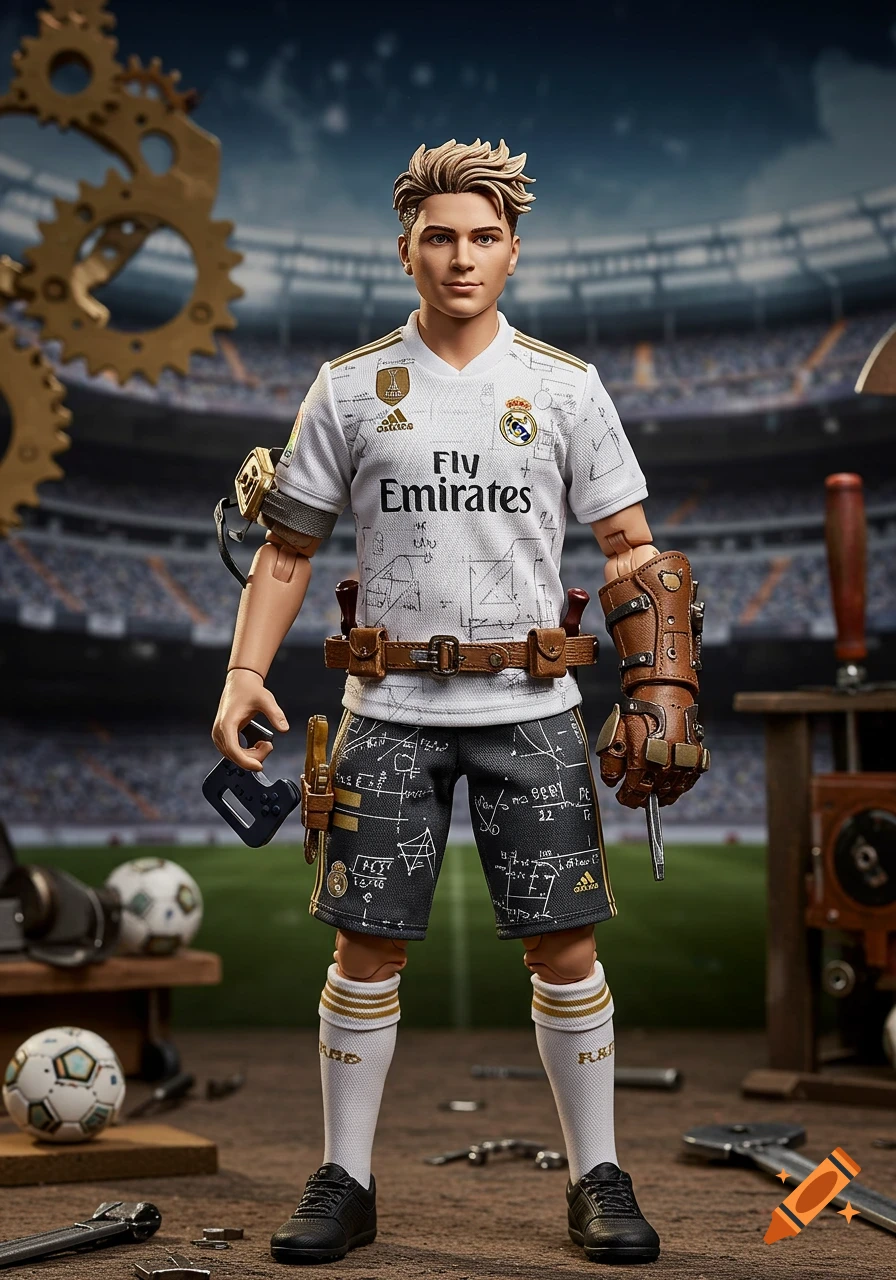 A detailed action figure of a young man in a white Real Madrid-inspired jersey, steampunk-style shorts with math patterns, holding a game controller and a tool. He stands in a stadium blending with a workshop.