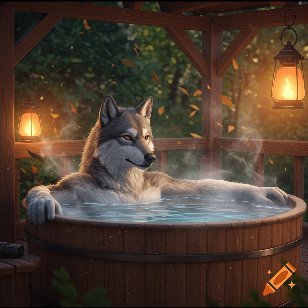 Photorealistic gray wolf furry relaxing in a steaming wooden hot tub outdoors with lanterns.