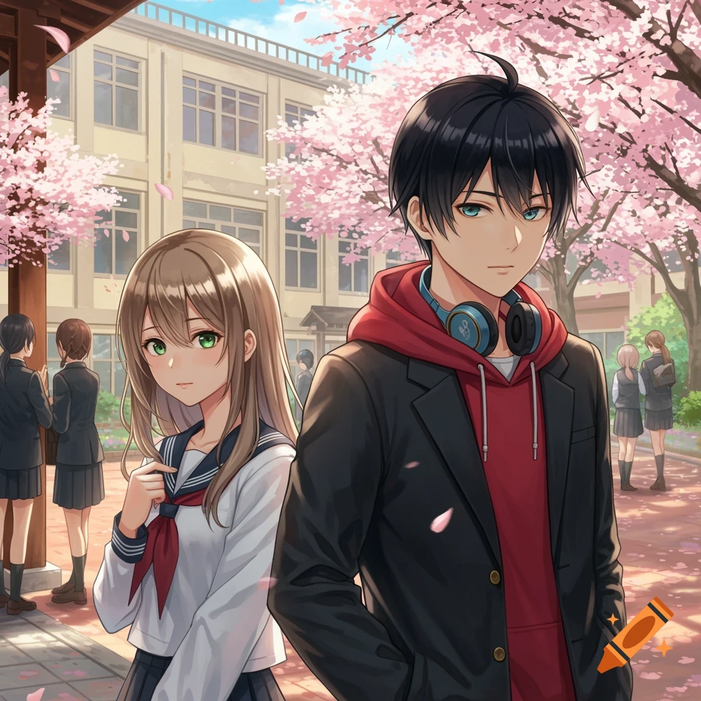 Anime-style image of a high school boy with a red hoodie and headphones standing near a shy girl in a uniform under cherry blossoms at school.