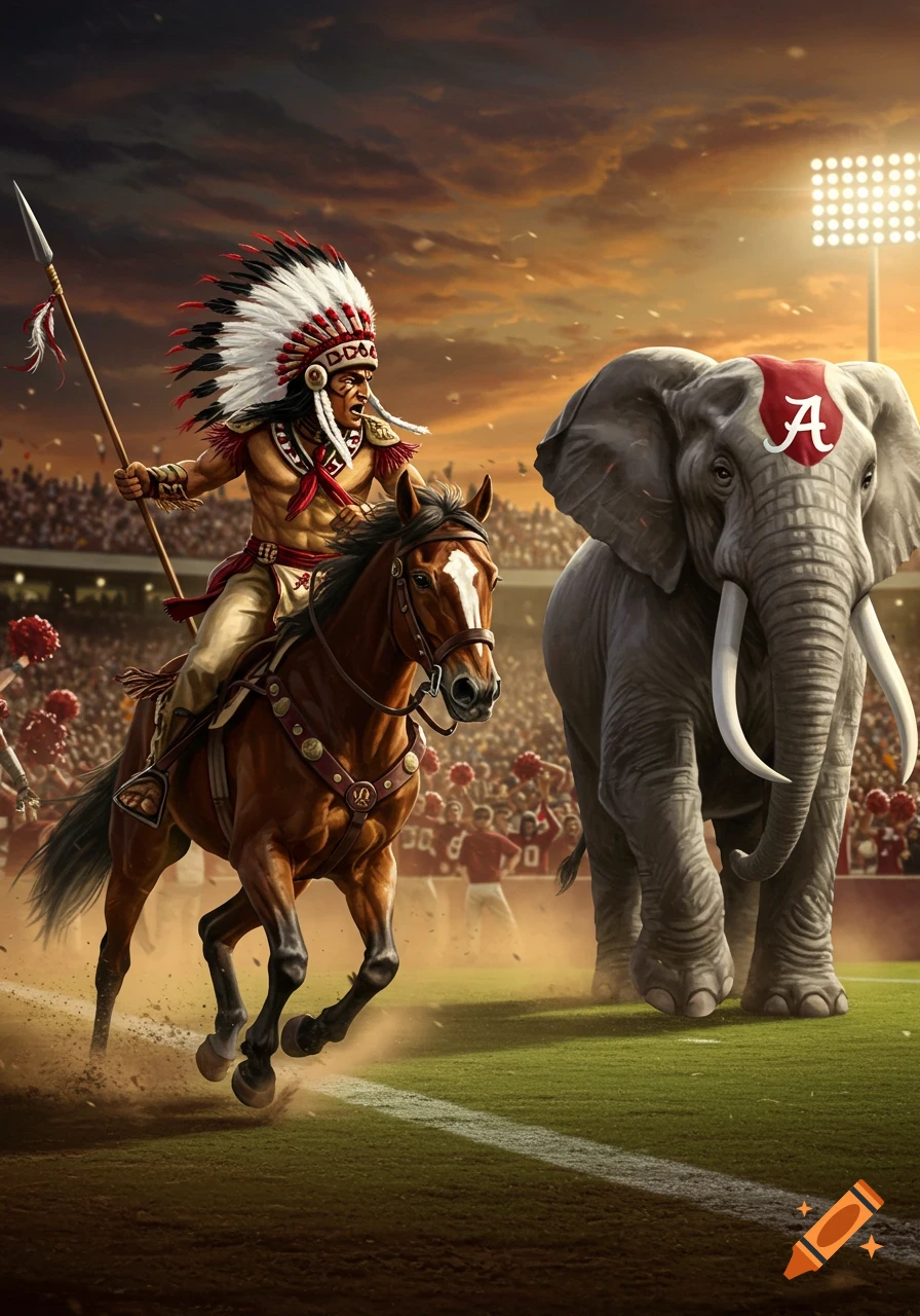 A Native American-style warrior on horseback with a spear and an elephant with an Alabama 'A' logo charge across a football field.