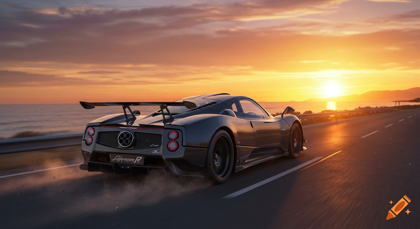 A dark grey Pagani Zonda R sports car drives away from the viewer on a coastal road at sunset, with a bright orange sky over the ocean.