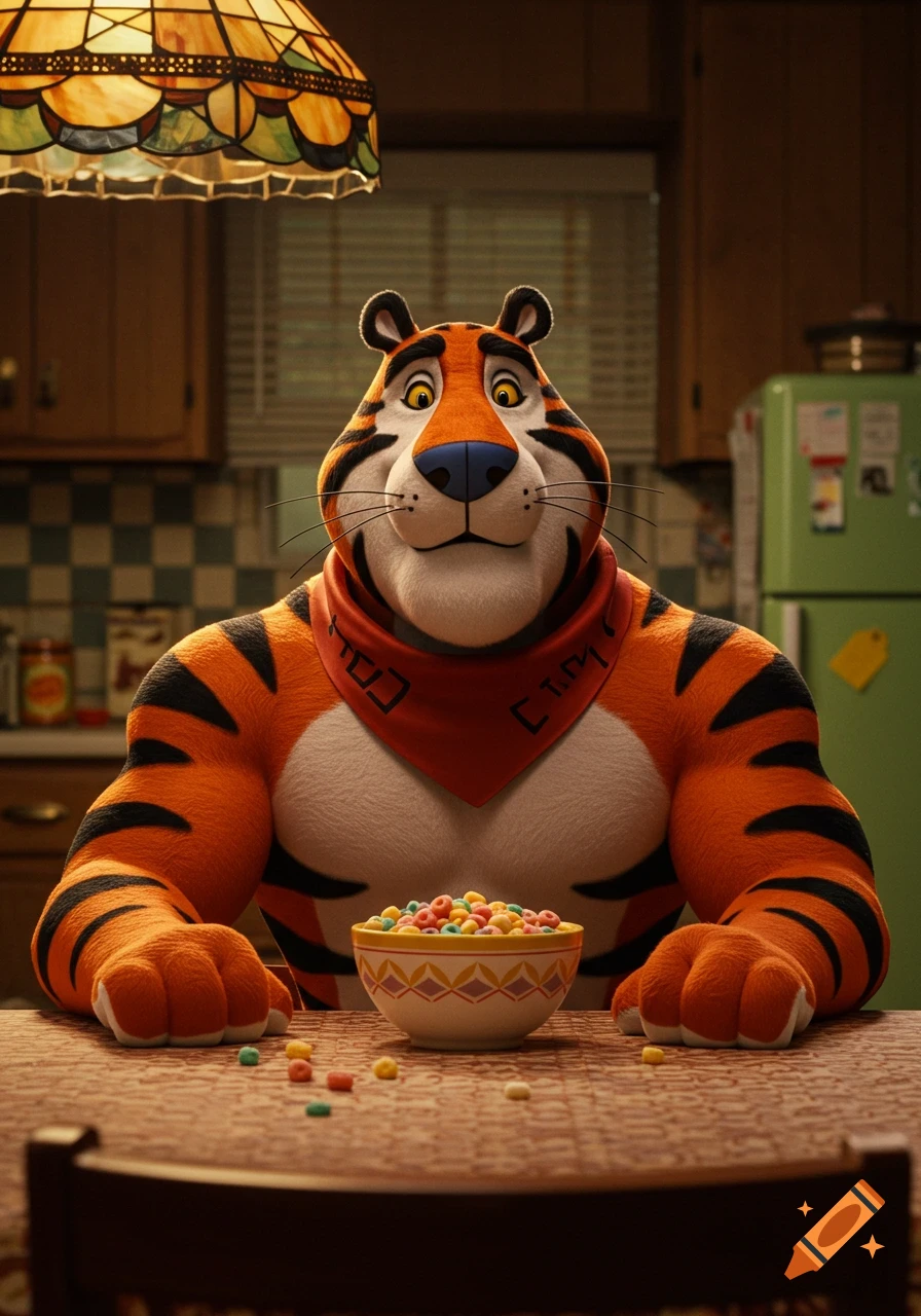 Tony the Tiger sitting at a kitchen table with a bowl of colorful cereal.