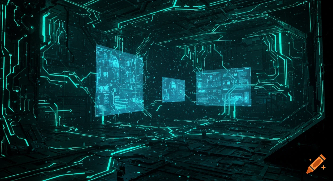 A dark futuristic room illuminated by glowing teal circuits and floating holographic data screens.