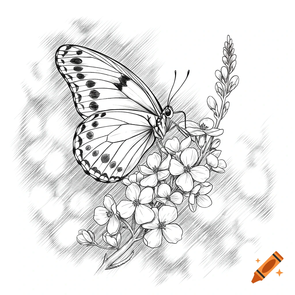 Black and white sketch of a butterfly resting on a branch with blooming flowers.