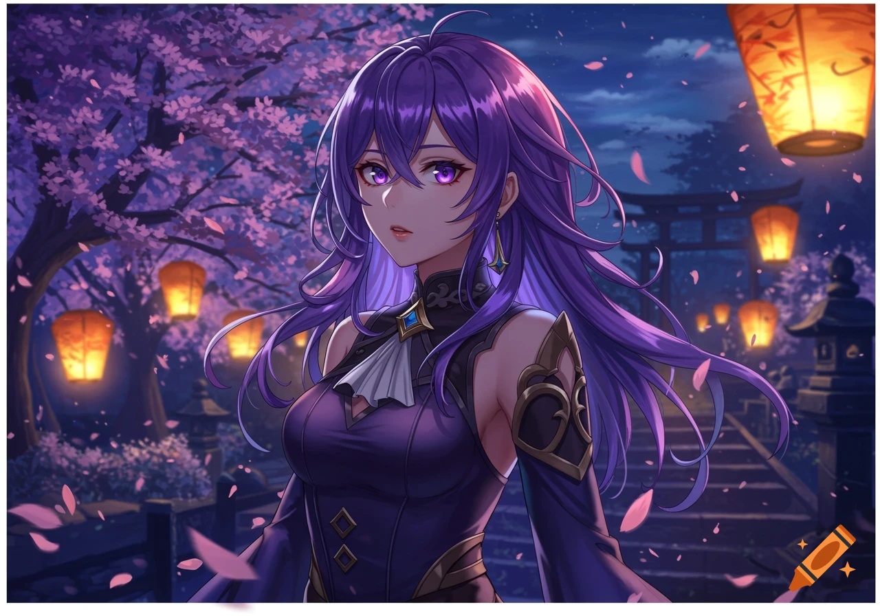 An anime girl with long purple hair and glowing purple eyes in a purple dress stands among cherry blossoms and lit lanterns at night, with a torii gate in the background.