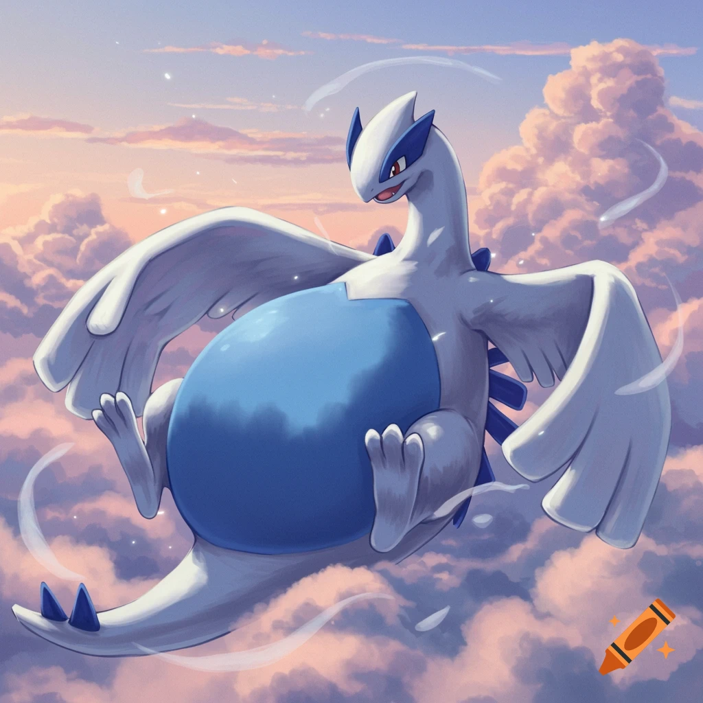 A white and blue Lugia pokemon with a large, round blue belly floats in a sky filled with pink and orange clouds.