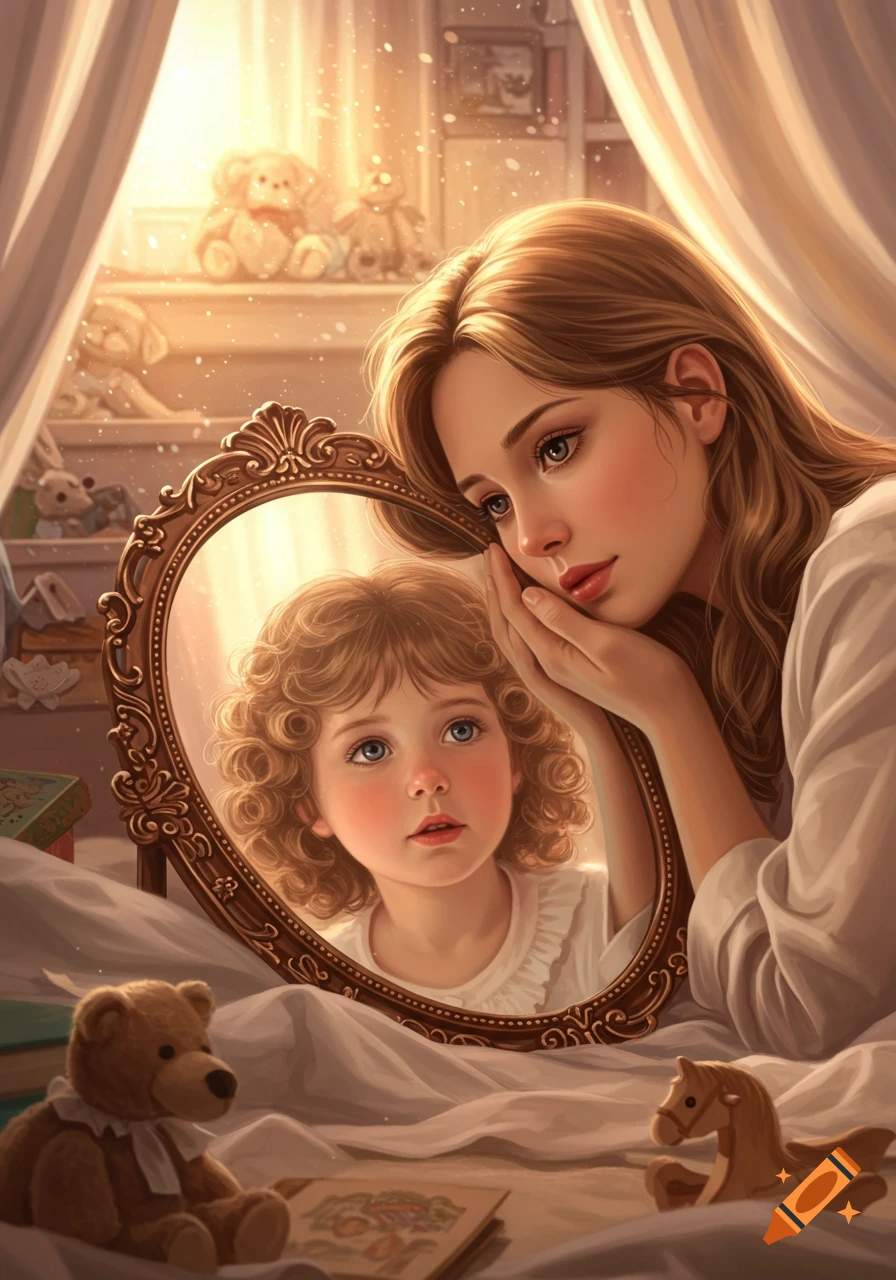 A woman gazes into an ornate mirror, seeing her reflection as a young child with curly hair in a sunlit, dreamy bedroom with toys.