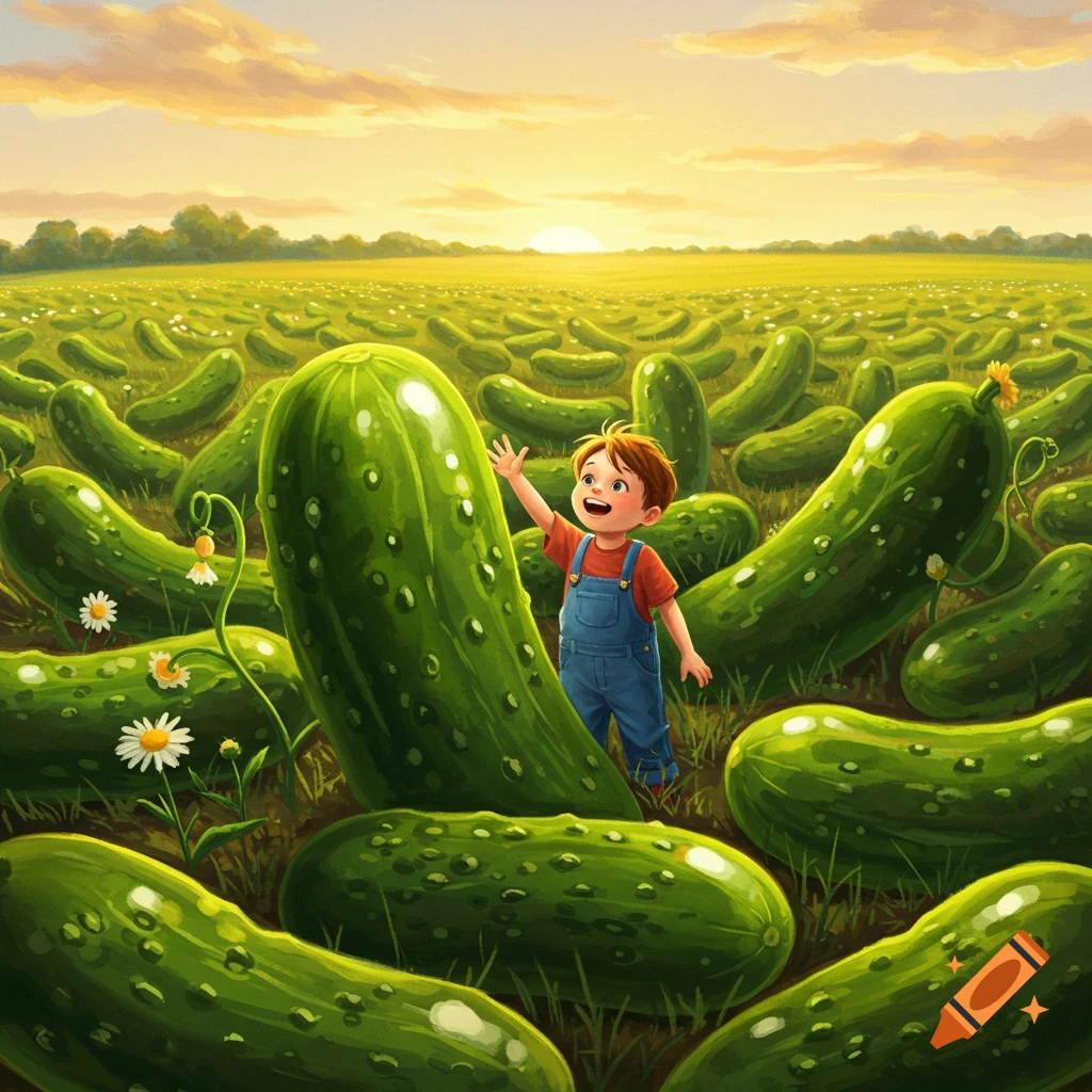 A smiling child in overalls stands in a vast field filled with giant, cartoonish green pickles under a sunny sky.