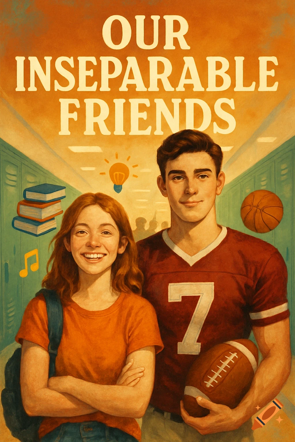 An illustrated book cover showing two smiling teenagers, a girl and a boy in a football jersey, standing in a school hallway. Text: OUR INSEPARABLE FRIENDS.